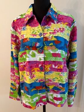 KEREN hart Vibrant Floral Raw Edge Striped Shacket